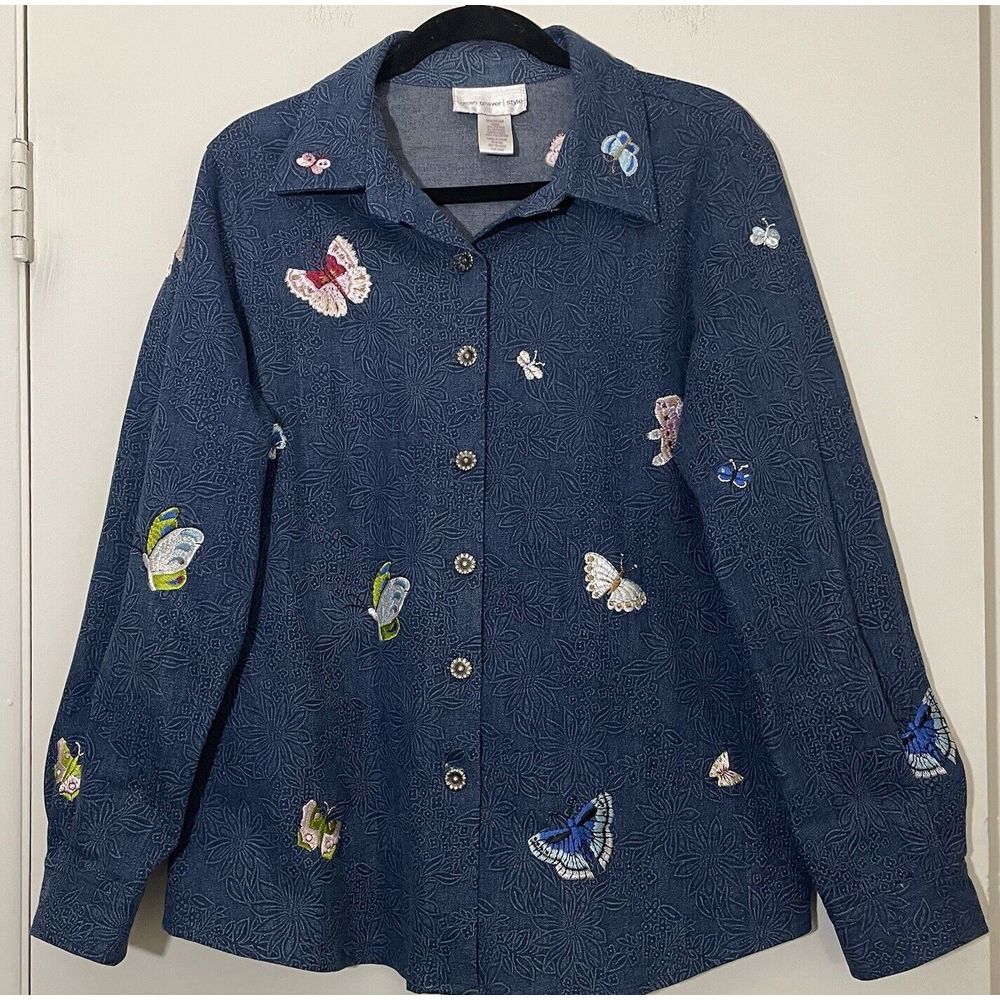 Susan Graver Size Medium Butterfly Embroidered Denim Jacket Flower‎ Y2K Style